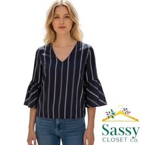 Tommy Hilfiger V Neck Navy Stripe 3/4 Sleeve Cotton Blouse Women's XXS EUC